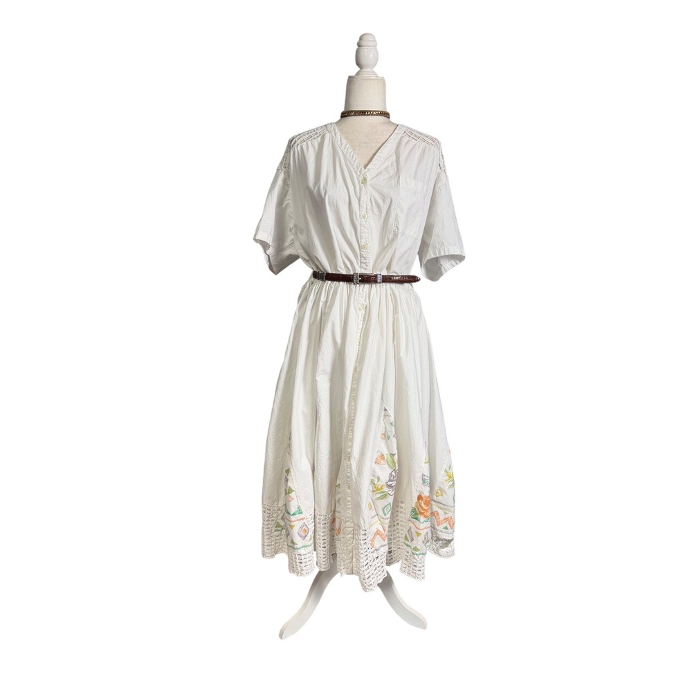 Vintage 90s Together White Boho Cottagecore Embroidered Midi Dress Crochet